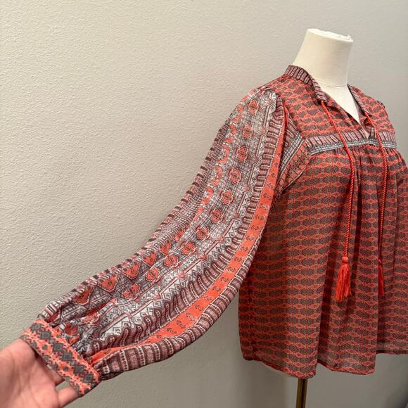 Lucky Brand Boho Tassel Tie Peasant Blouse Coral Orange Geometric Print Small - Picture 4 of 7